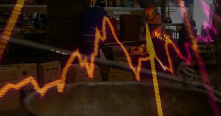 Analyzing fluctuating stock market graph, workers in factory focusing on animation - Powered by Adobe