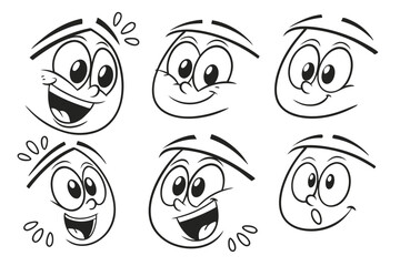 20 Cartoon eyes, expressive faces, doodle emotions, black and white sketches, simple line drawings, cute character expressions, various mouth shapes, eyeballs with eyelids, tongue sticking out, fangs,