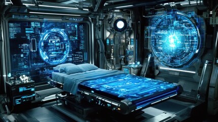 Fototapeta premium Futuristic bedroom scene with integrated technological elements