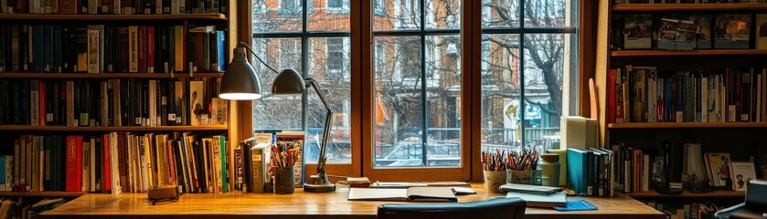 A cozy indoor reading nook with books and a window view