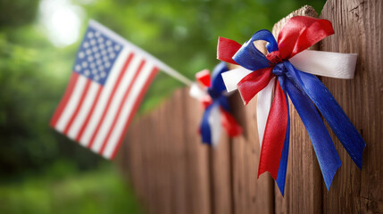 Obraz premium American Flag and Ribbons Tied Around Fence for Celebration