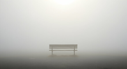 Bench Surrounded by Thick Fog Offers Serene Minimalist Atmospheric Landscape