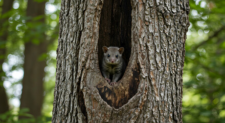 Obraz premium Possum Peeking Out From Tree Hollow in Natural Habitat