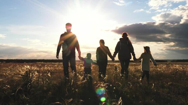 mother father child walking sunset park, girl boy son daughter happy family, childhood dreams sun, holding hands, joyful running, silhouette happy family park, family park have fun playing, cheerful