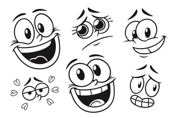 20 Cartoon eyes, expressive faces, doodle emotions, black and white sketches, simple line drawings, cute character expressions, various mouth shapes, eyeballs with eyelids, tongue sticking out, fangs,