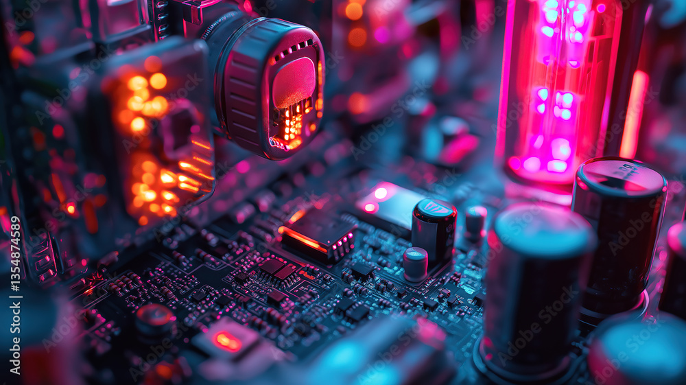 Poster precision view highlighting the interconnected circuitry and wiring of a computer's hardware