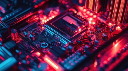 Obraz premium Detailed look at a computer's internal components focusing on the motherboard and other hardware elements