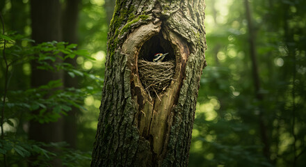 Fototapeta premium Bird Nesting Inside a Tree Hollow with Forest in the Background