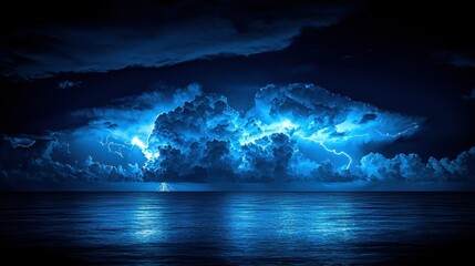 Night Ocean Storm, Lightning Strikes, Dramatic Cloudscape, Background Sea Reflection, Wallpaper