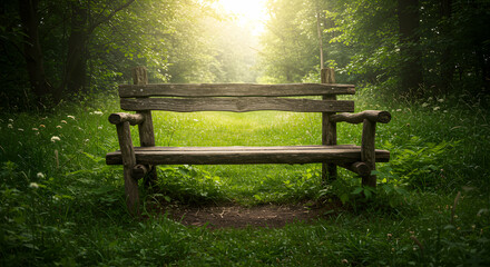 Fototapeta premium Empty Wooden Bench Sitting in Lush Green Forest Clearing