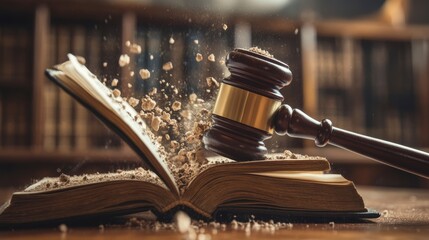 Gavel smashing open an old book, dust and debris flying.