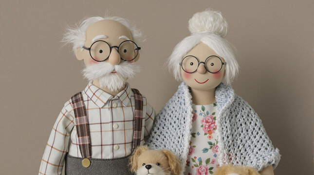 Bonecos de pano de um casal idoso com &oacute;culos e um cachorrinho, em roupas aconchegantes, perfeitos para temas de nostalgia e fam&iacute;lia.