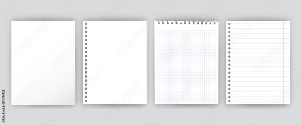 Poster note paper. notebook blank white sheets of square and lined paper with perforation and realistic sof
