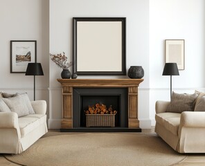 Cozy living room with fireplace, sofas, and artwork.