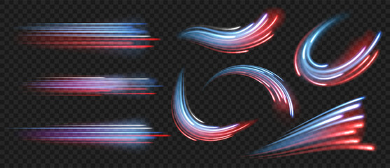Glowing color speed line. Light motion straight and curved trails. High speed lines with motion blurred light effect in blue and red color. Flying cosmic meteors vector set.