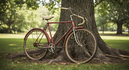 Fototapeta premium Vintage Bicycle Resting Against Tree Trunk in a Green Park Setting