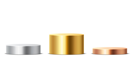 Gold, silver, bronze podiums. Cylindrical winners platform for awards or product display, empty 3d metal stages, champions pedestals. Vector isolated set.