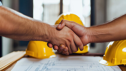 professional handshake between two individuals signifies successful partnership construction industry, with yellow hard hats