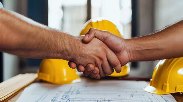 professional handshake between two individuals signifies successful partnership construction industry, with yellow hard hats