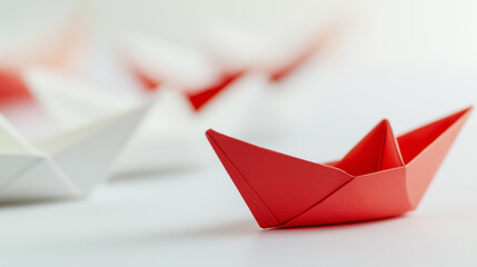 Naklejka premium A red paper boat stands out among several white paper boats, symbolizing leadership and individuality. 