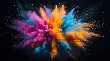 A dynamic explosion of colorful powder particles on dark background