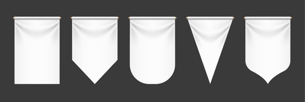 Pennants white 3d realistic. White pennant flags mockup, vertical medieval banners with rounded, straight and triangle edges. Vector template with copy space for insignia or text.
