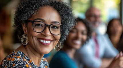 Fototapeta premium Smiling woman in glasses, cafe, diverse group in background