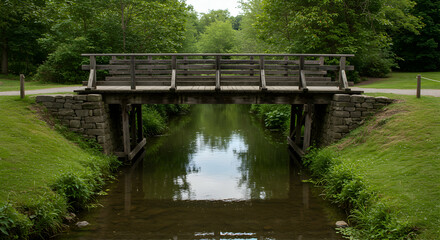 Wooden Footbridge Spanning Calm Stream in Green Forest Setting