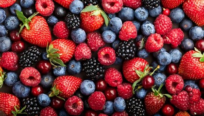 a mix of strawberries, blueberries, raspberries and blackberries on a wooden table	seen from above, food photography