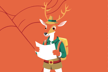 A whimsical 1920s cartoon deer, wearing a pith helmet and explorer's attire, stands proudly amidst lush jungle foliage.