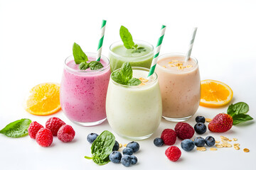 4 smoothies in a glass with drinking straws