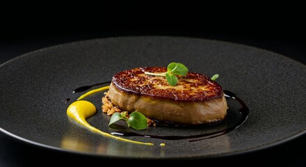 Foie gras dish elegantly plated with garnish on dark plate for gourmet food blogs, restaurant menu photography, fine dining promotion, and luxury culinary marketing materials
