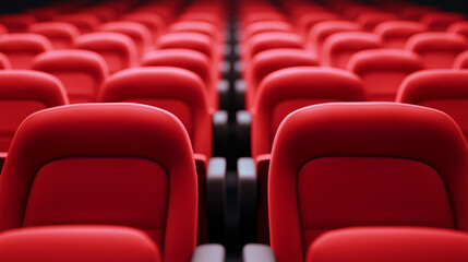 Obraz premium Rows of red velvet seats in a movie theater, showcasing a cinematic experience with soft focus on the seats. 