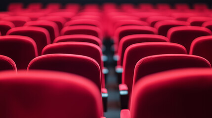 Obraz premium Rows of red velvet seats in a movie theater, showcasing a cinematic experience with soft focus on the seats. 