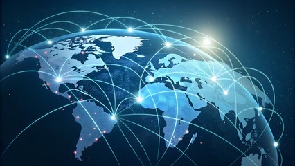 Abstract global network concept with a world map. Futuristic technology. Business tech. Global network planet Earth. Global Communication Network. Abstract world network connection