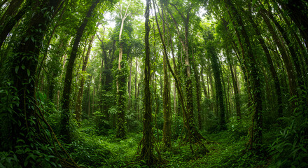 Fototapeta premium Lush Green Rainforest with Towering Trees and Dense Vegetation