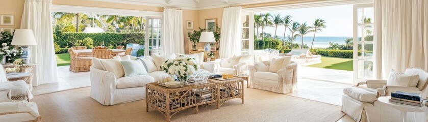 Bright and airy living room offers seaside views to its inhabitants