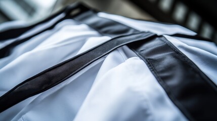 Close up shot of a white fabric with black straps