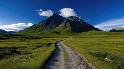 Fototapeta premium Mountain path through grassy highlands. A winding gravel road leads into a high mountain range under a vibrant blue sky. Lush green meadows stretch out to the towering peaks