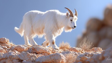 Obraz premium White Mountain Goat Walking on Rocky Terrain with Blue Sky Background