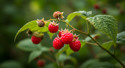 Obraz premium Red Raspberry Growing on a Vine with Green Leaves