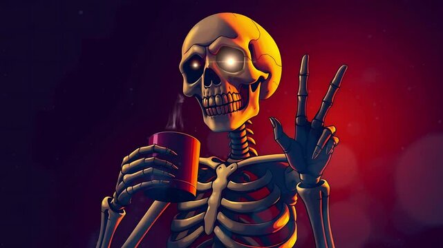 Skeleton enjoying a hot beverage with a peace sign,  Seamless looping time lapse animation video background