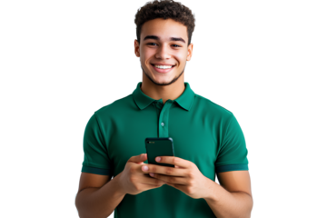A happy young man in a green polo shirt texting on his phone isolated against a Transparent background PNG
