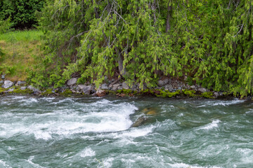 Majestic mountain creek with rocky background in Vancouver, Canada, North America. Day time on July 2024.