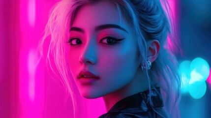 Fototapeta premium A woman with blue and pink lighting looks to the viewer