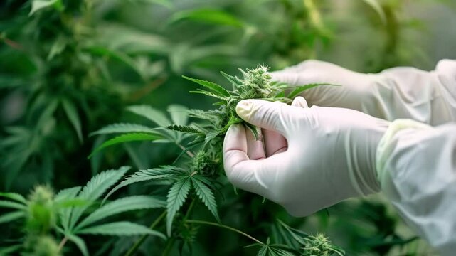 Scientist Examining Cannabis Plant. The flowering marijuana bud is held with gloved hands. Hemp harvesting on cannabis farm