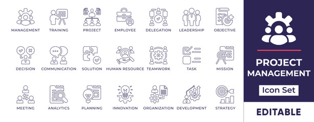 Minimalist line icons representing project planning, workflow management, team collaboration, tasks, deadlines, productivity tracking, and business operations.