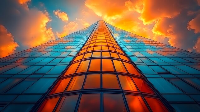 A modern skyscraper with a striking glass facade reflecting the dramatic sky