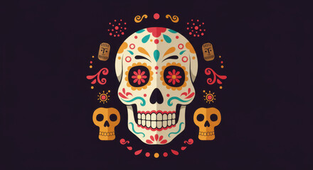 Fototapeta premium Colorful Mexican sugar skull design on black background 