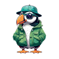 A puffin wearing a green 90's parka jacket, a bucket hat and sunglasses